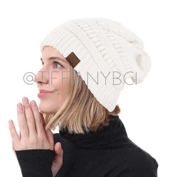 Accessories - White Slouchy Soft Cable Knit Beanie